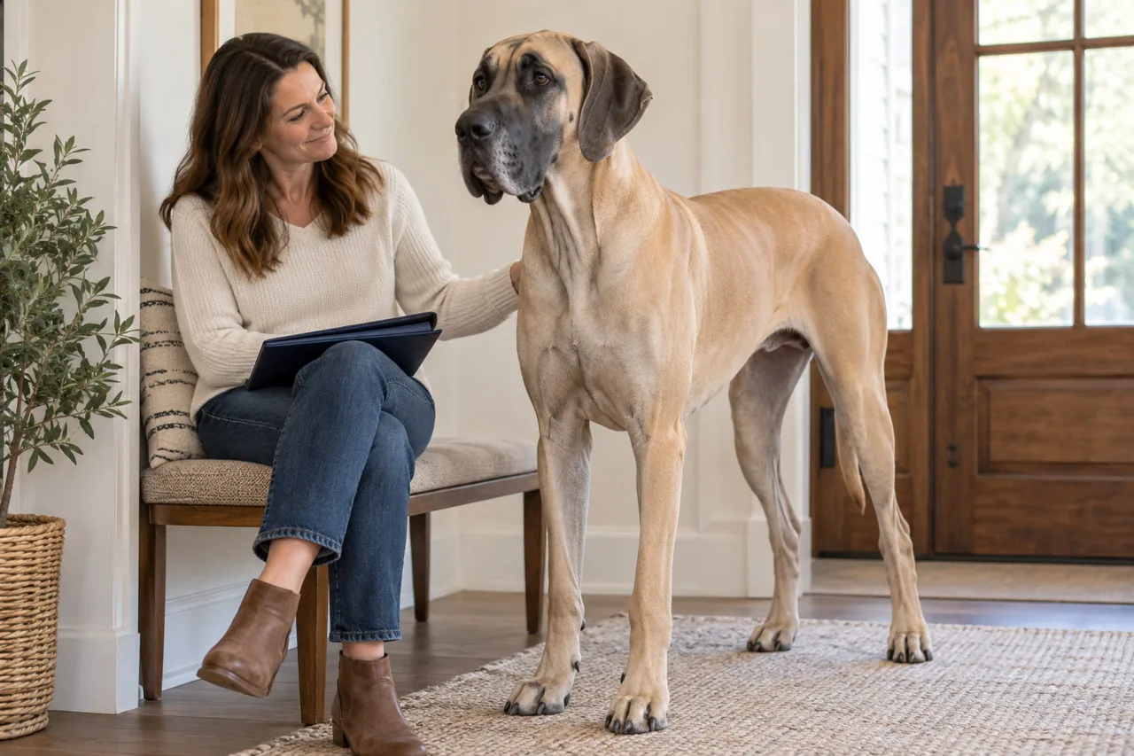 An owner sitting beside a very large dog at home